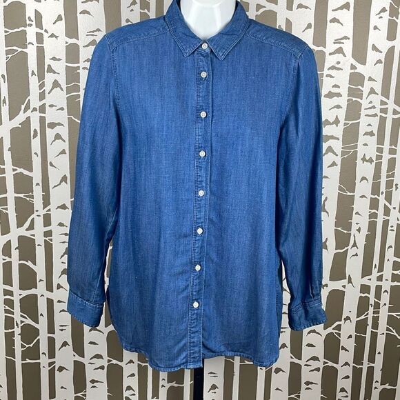 LOFT The Softened Blue Linen Blend Chambray Button Down Shirt sz M Petite - Picture 2 of 11